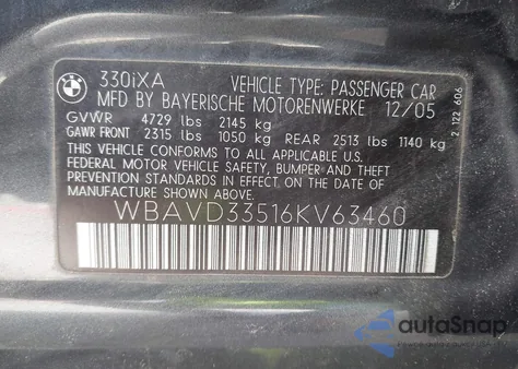 2006 BMW 330Xi from USA, damaged, VIN WBAVD33516KV63460